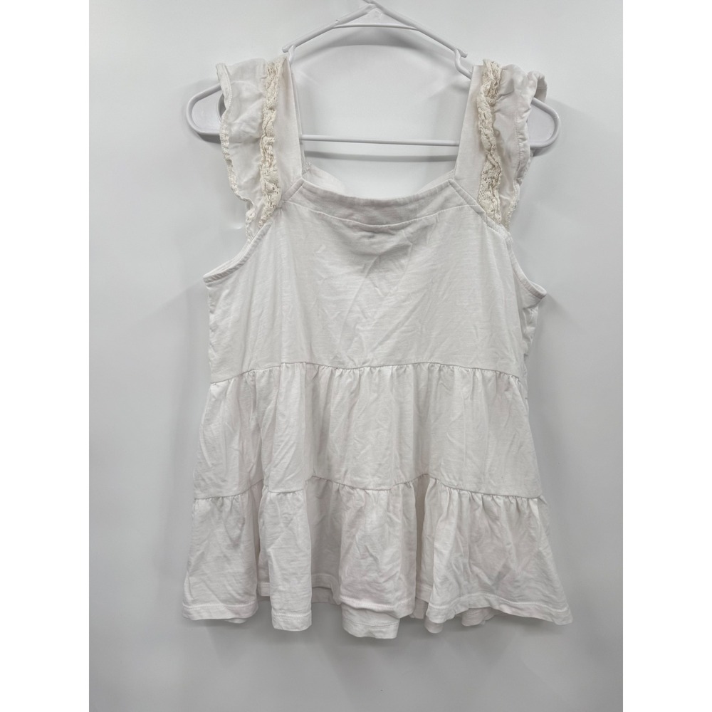 Time and Tru M White Babydoll Tank Top Womens Tiered Lace Trim TT24100110229L